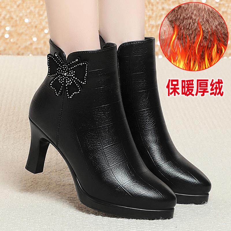 妈妈鞋靴子女高跟短靴中年加绒保暖中老年皮鞋女鞋鞋秋冬1029h