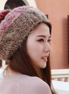 新品秋冬帽子帽毛线帽针织帽拼色大球贝雷帽滑雪帽时尚0123k