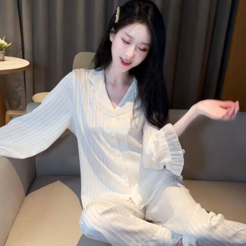 长袖睡衣女秋法式款2026新款喇叭袖白色条纹冰丝面家居服套0917e