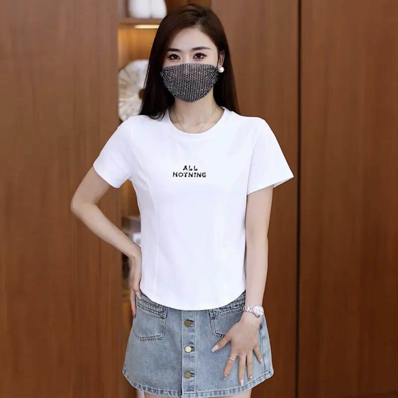 白色鱼骨圆领正肩显瘦短袖t恤女士夏季新款修身打底衫上衣0526r