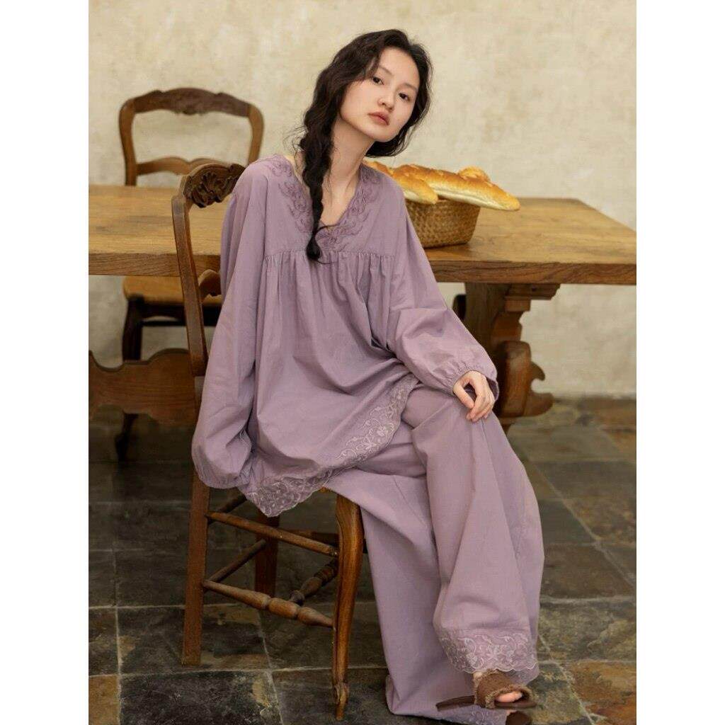 睡衣女春秋韩版蕾丝边V领套头长袖家居服宽松大码可外穿套装1002e