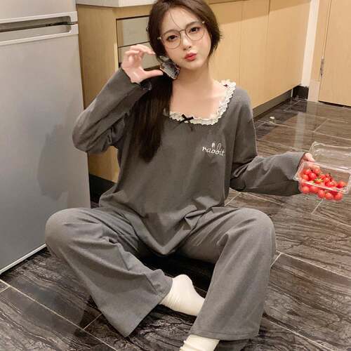 长袖睡衣女秋款冬可爱深灰家居服套装加厚保暖休闲慵懒风0917e