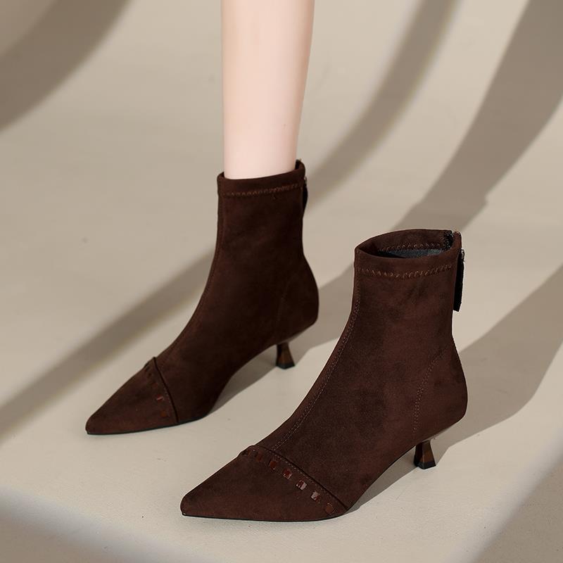 尖头短靴女2025秋季新款女靴细跟靴子短筒靴高跟鞋马丁靴瘦1209e