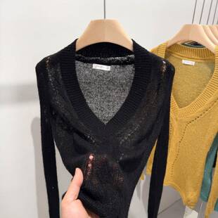 黑色镂空薄款针织衫女2026春春新款韩系氛围感深V领长袖打底0316r