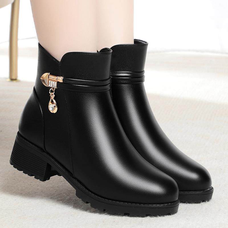 短靴女中老年妈妈鞋子粗跟鞋秋冬新款靴子靴女士加绒皮1029h