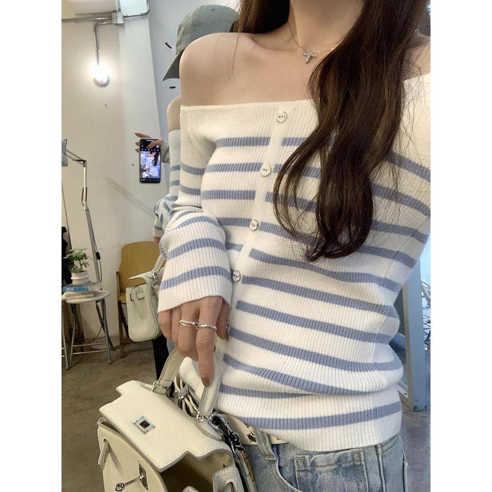 一字肩撞色条纹长袖针织衫秋季收腰紧身毛衣打底衫上衣1121k