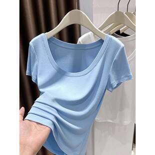 右肩大圆颈面膜t恤女性夏季瘦身Look薄底衬衫蓝色冰丝针织短0306r