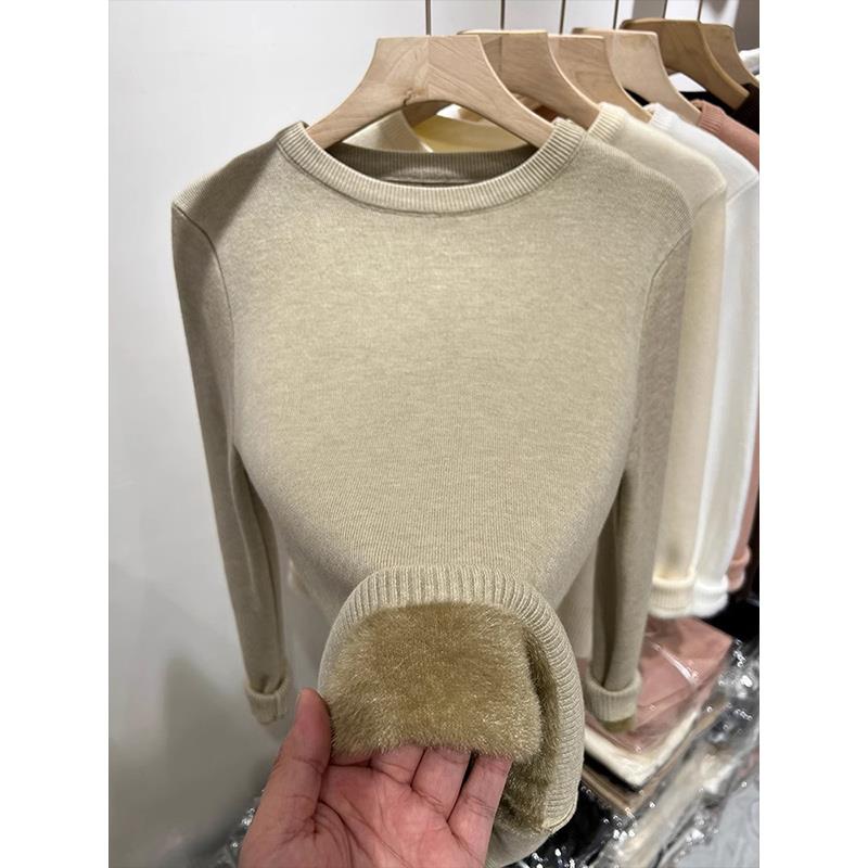 秋冬加绒加厚打底衫女圆领基础款内搭上衣软糯一体绒百搭针1210u