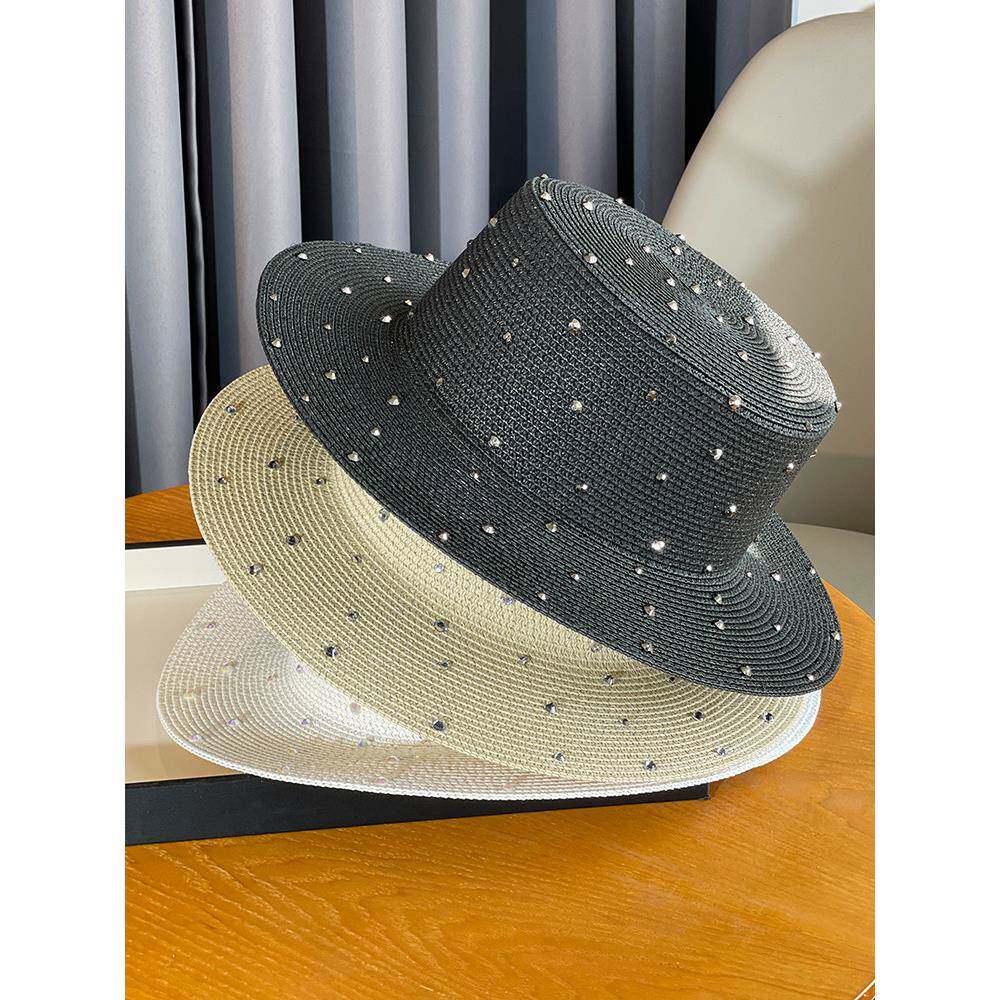 帽子女款2026新款法式名媛风平顶帽夏季优雅钻石草编海边防0226r