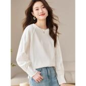 百搭时尚 设计利基长袖 上衣0201e 新款 圆领白色拼接西式 女式 春秋季