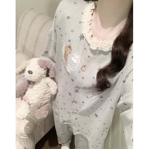 长袖睡衣女秋款春冬加厚浅灰猫咪花边开衫甜酷少家居服套装0917e