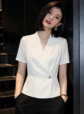新款2026夏季高级感V领白色收腰短袖衬衫职场干练上衣女0522r