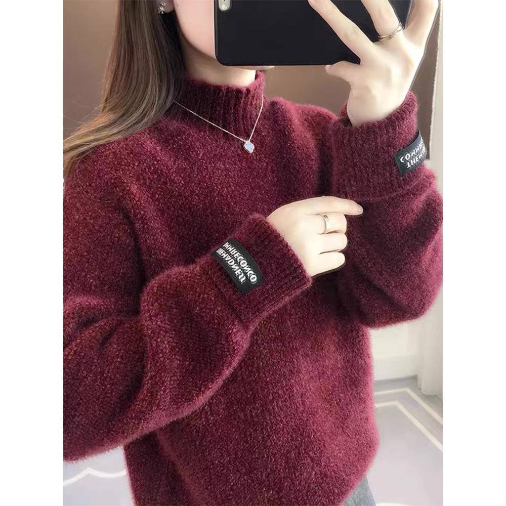 保暖半高领加绒加厚毛衣女秋冬款式内搭打底外穿酒红色针织1017u