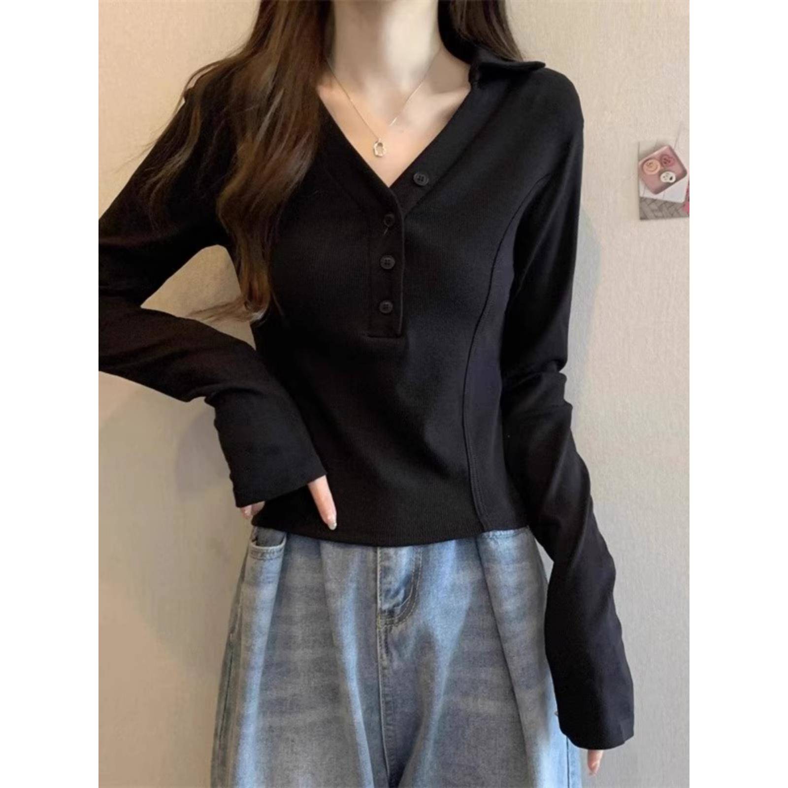 大码黑色v领长袖t恤女秋冬穿搭内搭打底衫胖mm洋气显瘦上衣0928e