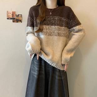 胖mm打底衫 秋冬季 大码 毛衣女秋冬新款 1008n 咖色渐变针织衫