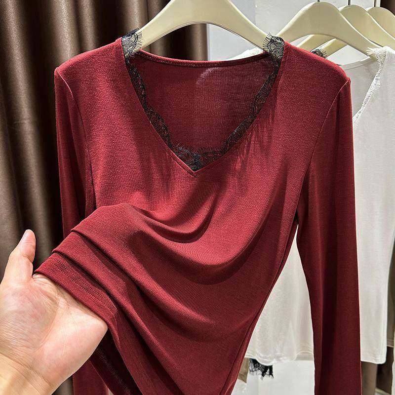 春秋季新款蕾丝花边V领红色长袖T恤上衣女薄款内搭打底衫0112h,女装/女士精品,T恤,淘宝优惠券,粉丝福利购,淘宝优惠卷