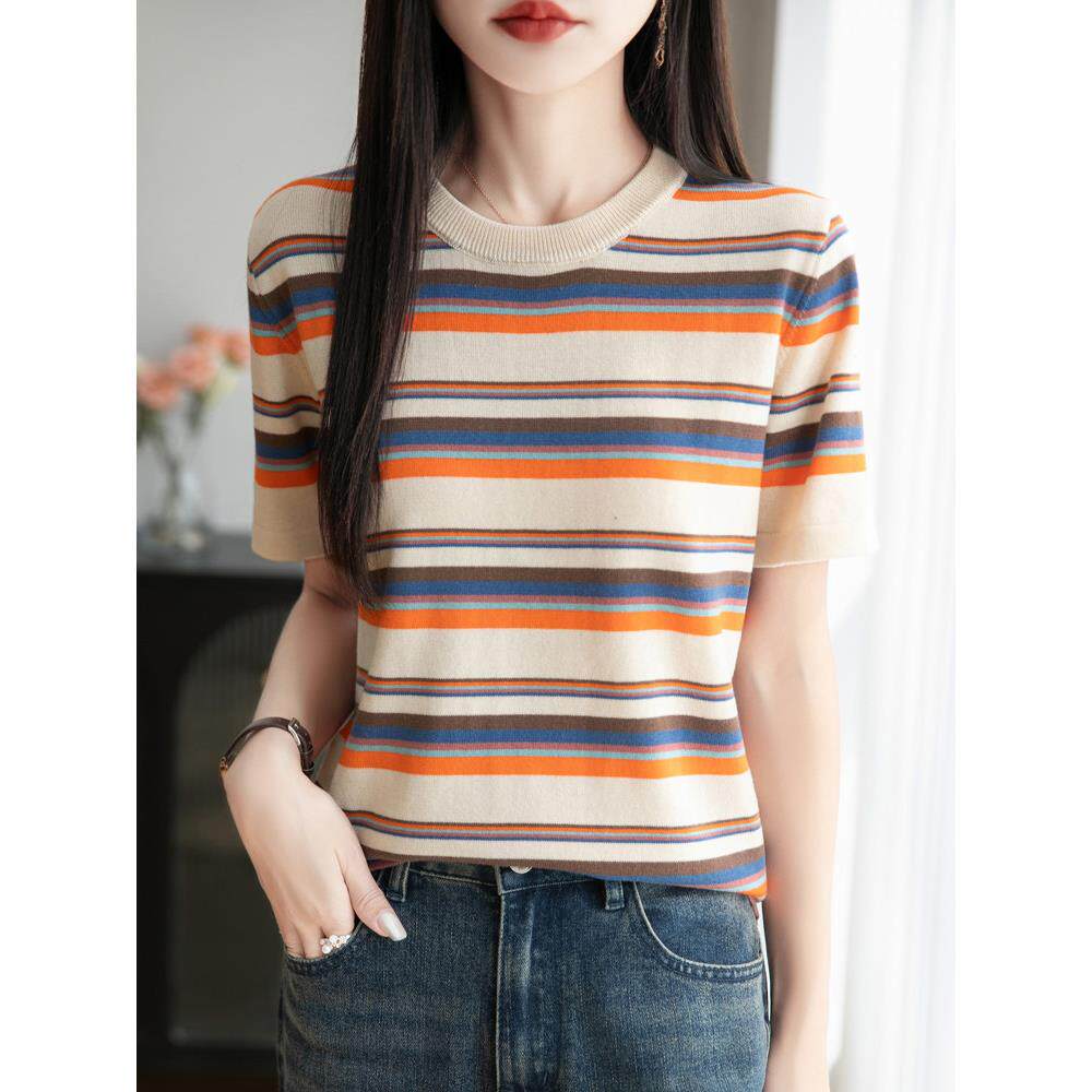 棉质线彩色条纹圆领女式短袖t恤夏季薄宽松衬衫时尚休闲短上0226r