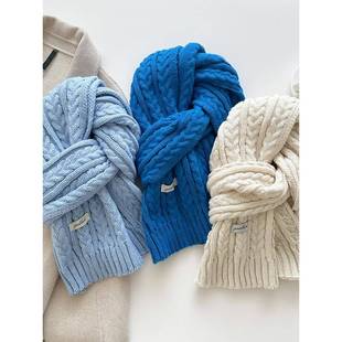 秋冬季 蓝色高级感纯色围巾女韩系氛围感保暖厚针织百搭围脖1219n