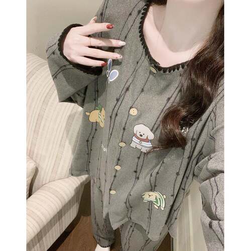 长袖睡衣女秋款春冬加厚小狗蝴蝶花边开衫甜酷少家居服套装0917e