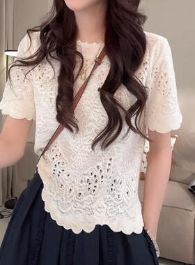 白色钩花镂空短袖针织衫女夏季韩系T恤2026新款独减龄气质上0517r