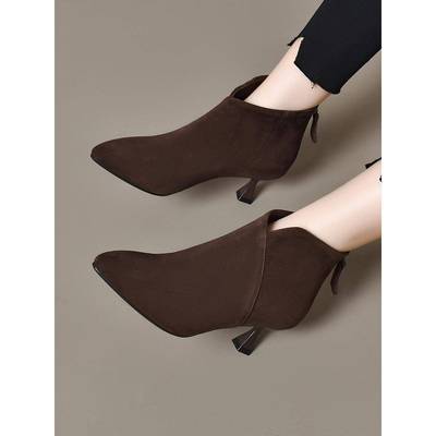 秋冬季短靴女2025新款高跟磨砂皮鞋加绒女鞋尖头细跟踝靴1108n