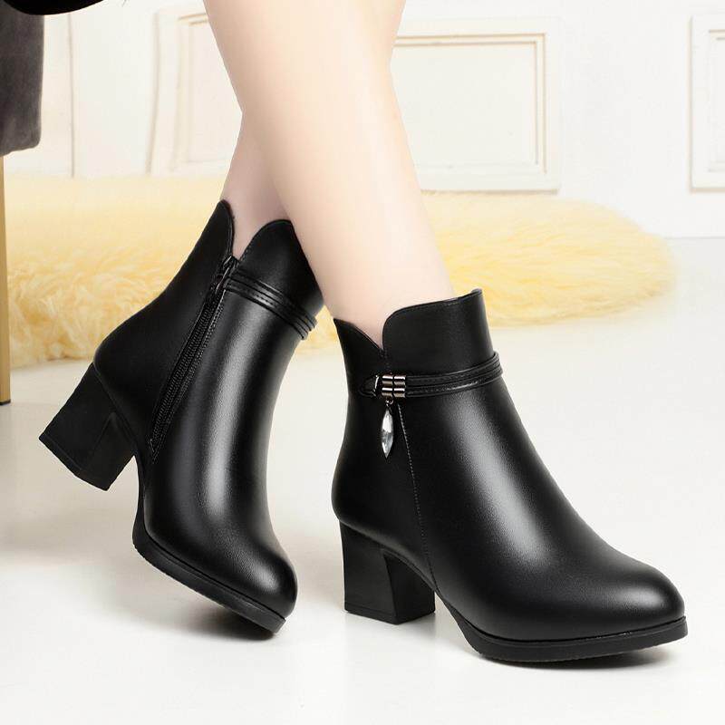 妈妈鞋2025年秋冬新款皮鞋女士中跟单靴中老年加绒短靴1029h