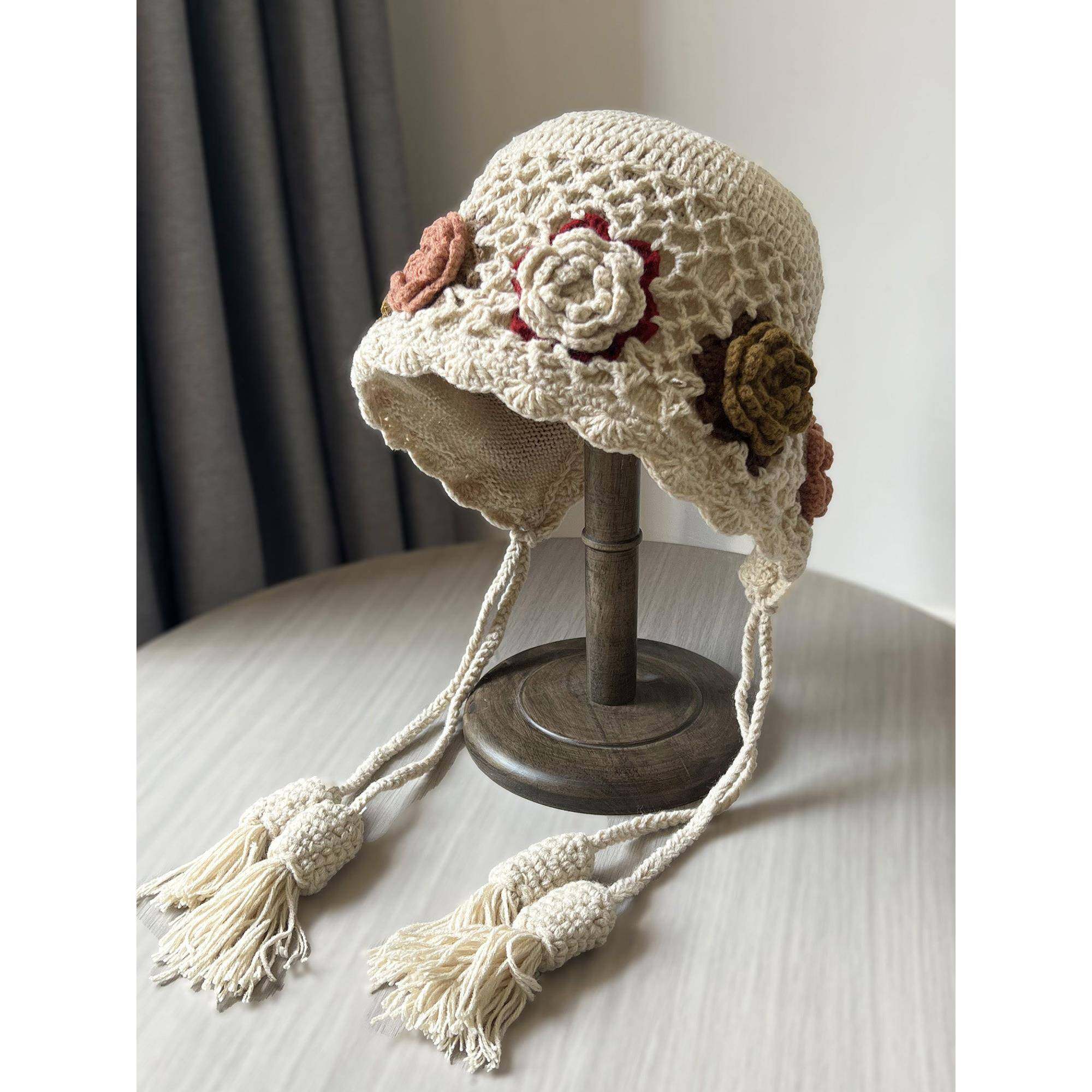 春秋流苏毛线包头帽子女保暖针织套头帽手工钩织彩色花朵0119ud