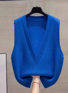 克莱因蓝色V领针织马甲背心女春季欧货时尚搭配衬衫叠穿无袖0128e
