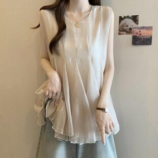 大尺码 女夏季 微胖mm洋派荷叶边绝美娃0320r 背心雪纺衫 高级感无袖
