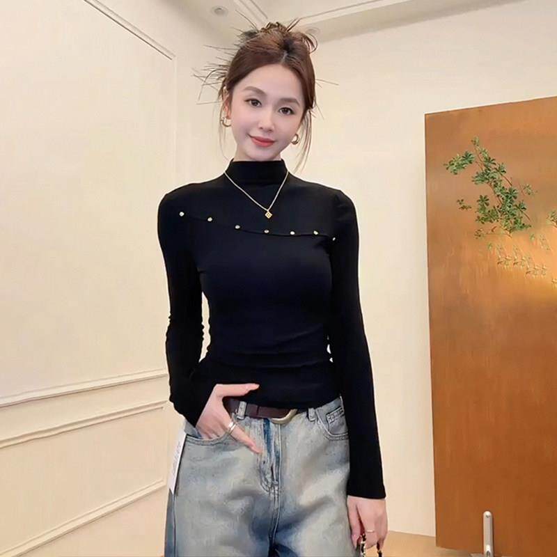 高智感穿搭韩版铆钉高领打底衫女秋冬季新款长袖内搭保暖修1015e