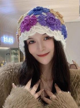 春秋彩花双层帽保暖时尚包头帽针织帽百搭帽春女士帽子0123k