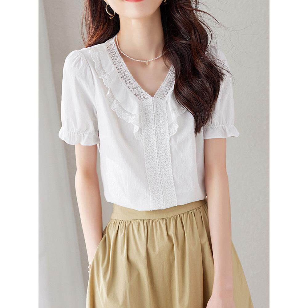 春夏V领泡芙袖优雅蕾丝衬衫2026夏季新宫殿风格设计利基短袖0304d