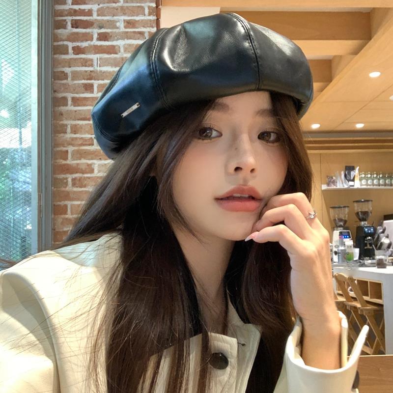 皮质贝雷帽女秋冬气质百搭显脸小帽子南瓜帽文艺八角画家帽1014u