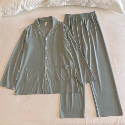 长袖睡衣女秋男士春翻领家居服套装高级感简约色休闲可外穿0917e