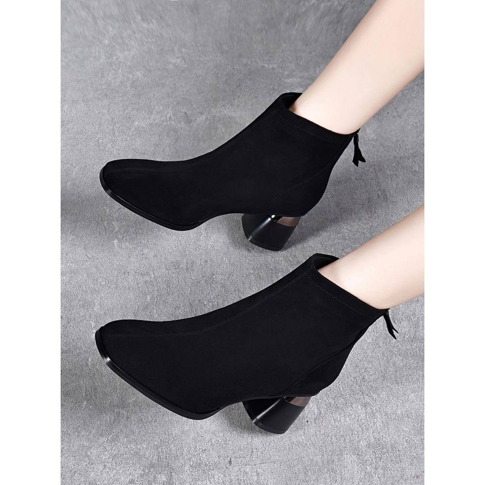 新款女鞋方头粗跟靴子女2025秋冬磨砂皮女靴百搭中跟马丁靴1110h