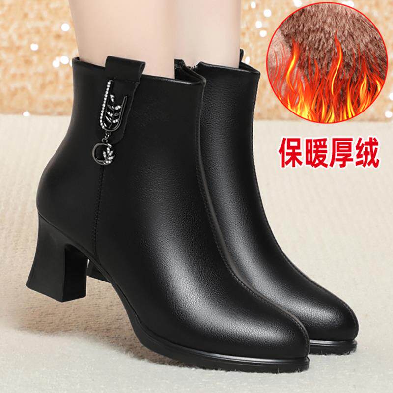 里绒保暖高跟中年母鞋皮鞋短靴中老年鞋女鞋靴女靴秋冬1029h