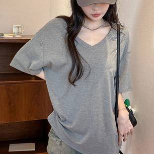 t恤女中长款 V领正肩一字肩慵懒风宽松夏纯色短袖 显瘦半0729d