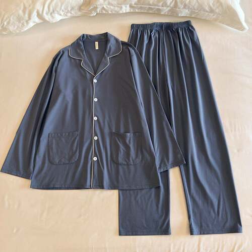长袖睡衣女秋男士春翻领家居服套装高级感简约砚蓝休闲可外0917e