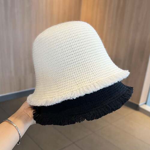 保暖帽子毛边针织渔夫帽女秋冬简约纯色盆帽新款时尚气质毛1008e