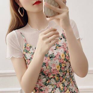 白色网纱上衣女夏季薄款罩衫吊带裙内搭T恤短袖半截蕾丝打底0302r