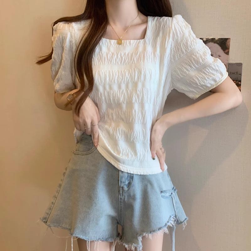 法式褶皱短袖T恤女夏季微胖大尺码显瘦上衣泡泡袖方领衫0716d