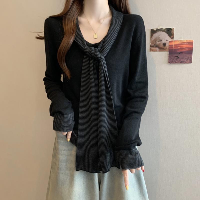 秋冬季胖mm宽松遮肉显瘦条纹拼接针织打底衫女秋冬洋气减龄1008n