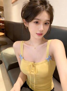 蝴蝶结系带吊带背心女夏外穿内搭修身收腰巨好看甜辣黄色无0412k