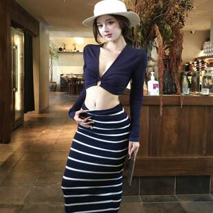 泳衣女分体辣妹条纹长裙比基尼三件套泡温泉海边纯欲风度假0325r1