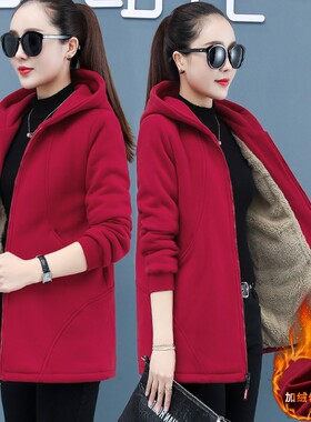 中长款百搭卫衣女带帽羔毛新款妈妈外套春秋中年抓绒长棉1017x