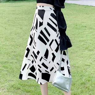 时尚 气质印花半身裙春夏女士高腰a字裙中长裙子百褶裙包臀大0317r