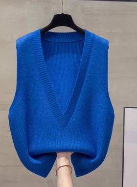 克莱因春蓝色针织马甲背心衬衫叠穿V领无袖背心女0128e