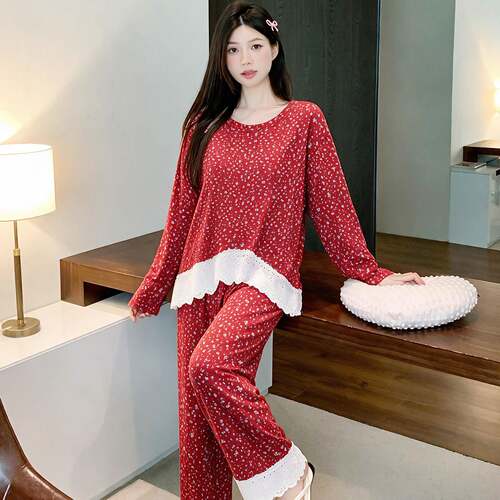 长袖睡衣女秋韩系复古碎花休闲风款长裤蕾丝红色家居服套装0917e