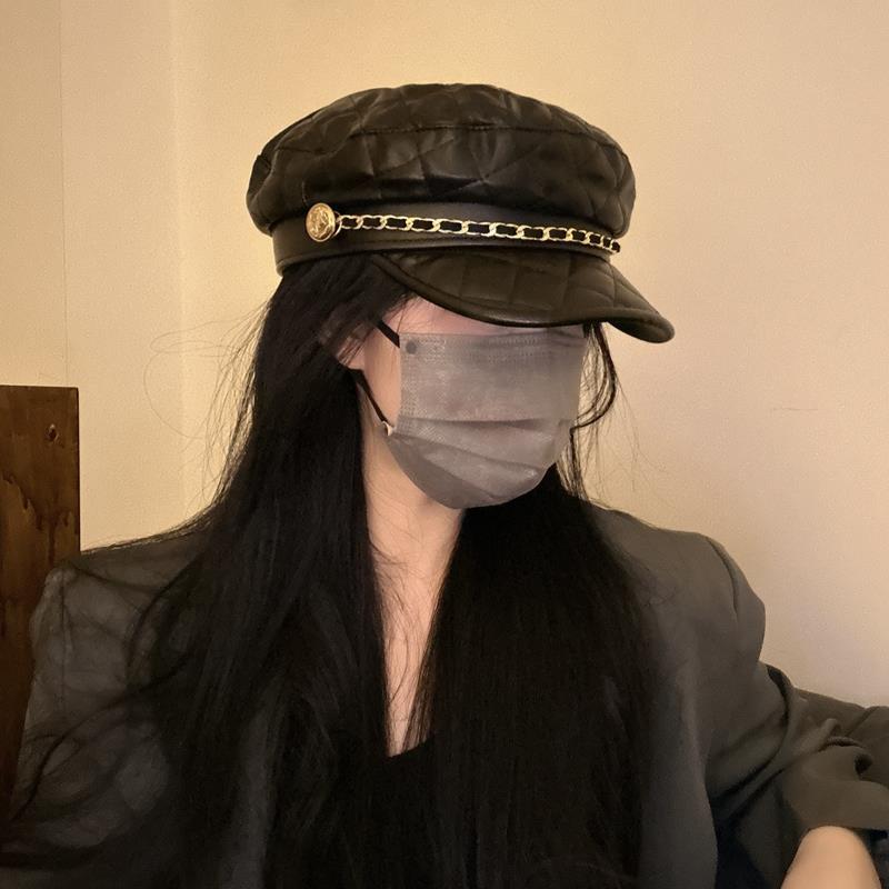 秋冬季皮平顶百搭贝雷帽气质个性链条八角帽画家帽子女1013u