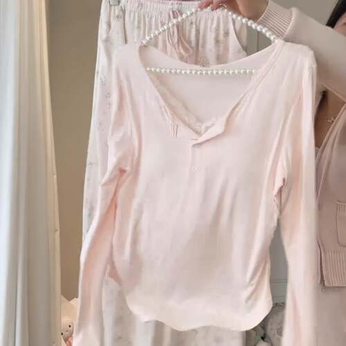 长袖睡衣女秋春带胸垫纯欲蕾丝家居服可外穿0917e